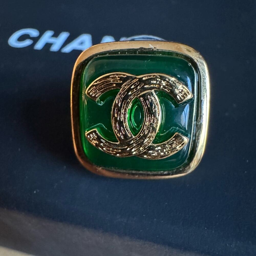 Chanel Square Gold and Green Earrings with Box